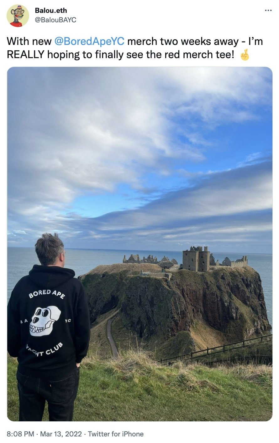 A man wearing a BAYC NFT collection's sweatshirt