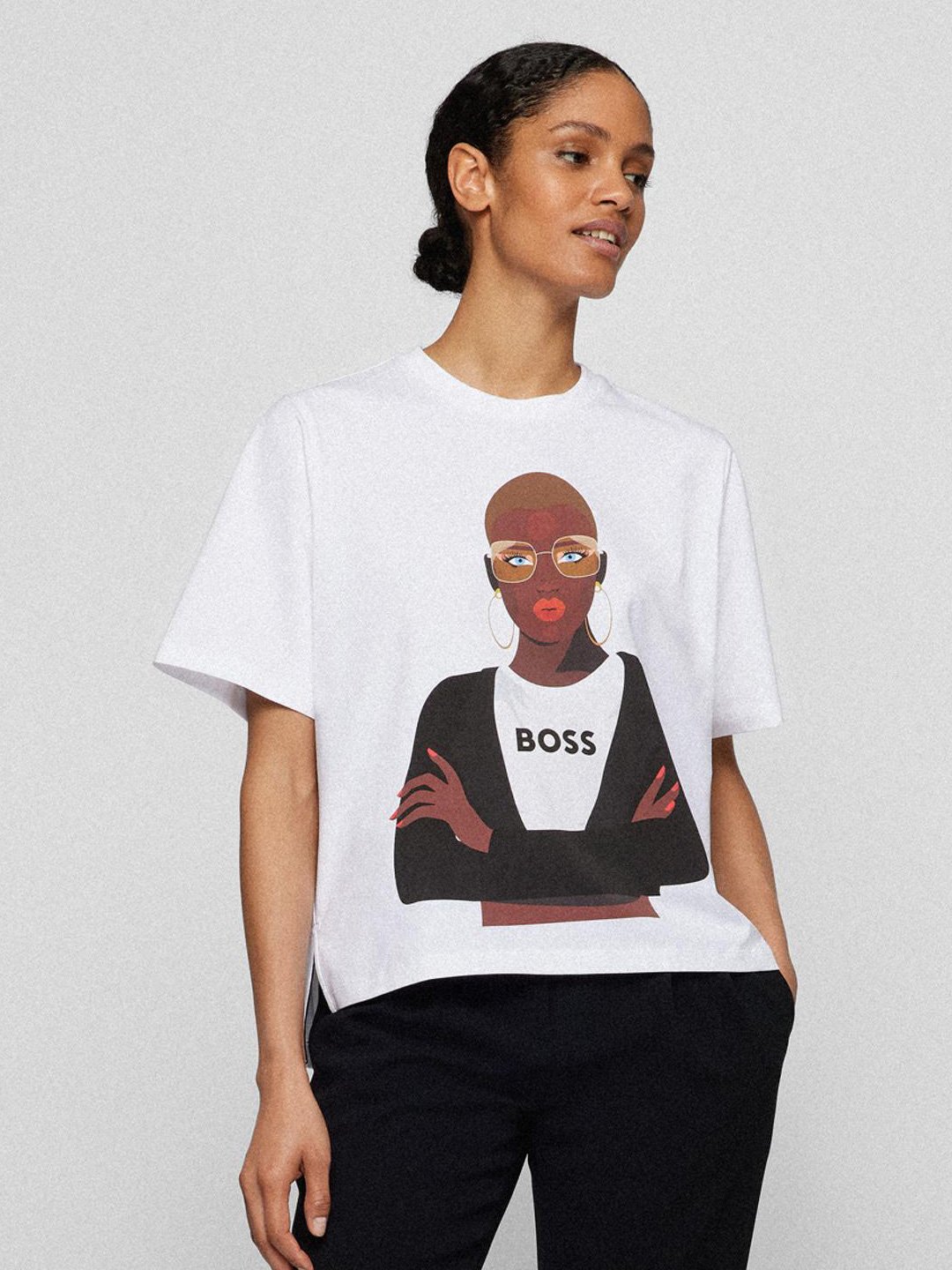 White t-shirt featuring a woman from Boss Beauties NFT