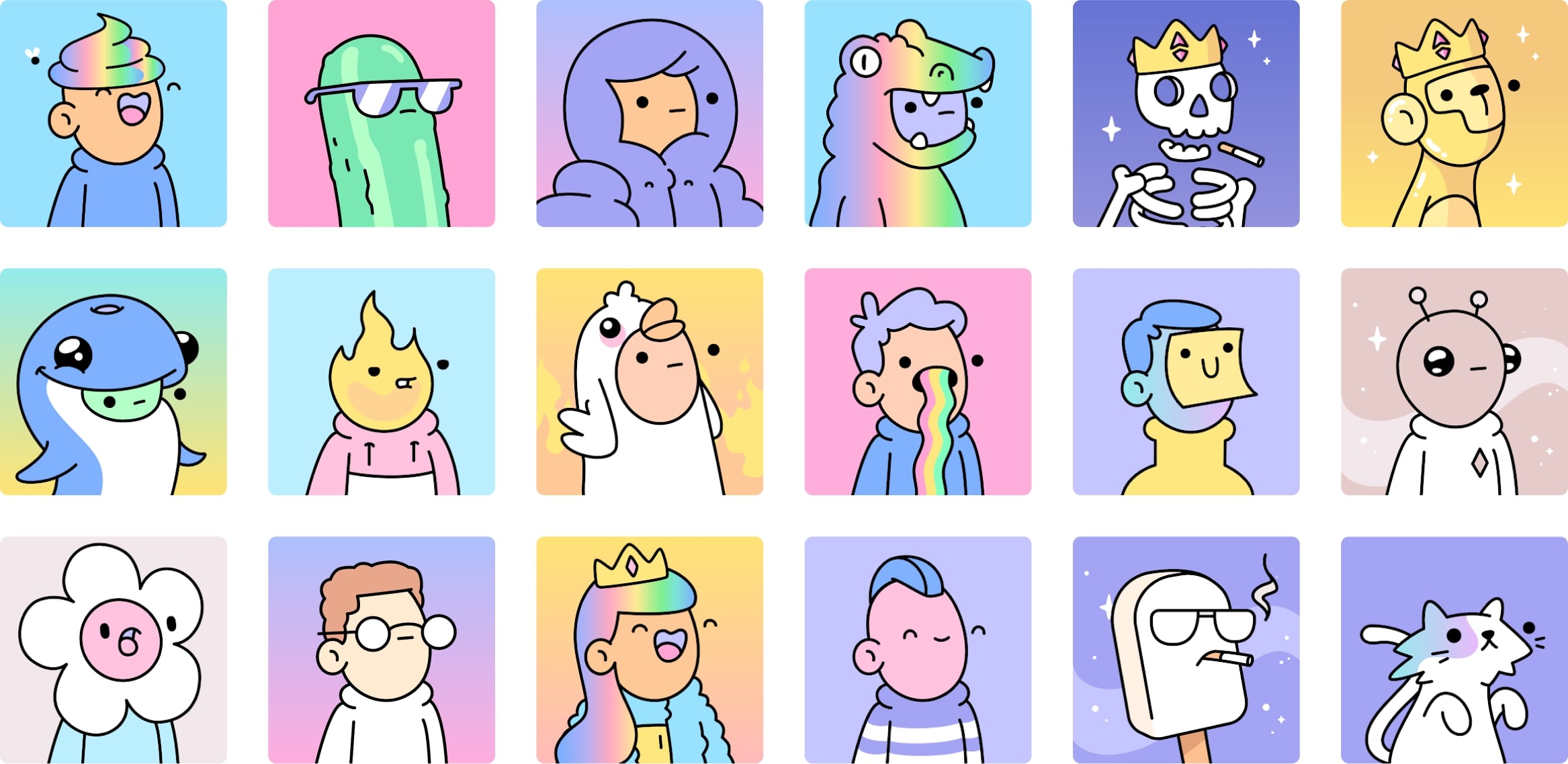 Various characters in the Doodles NFT collection