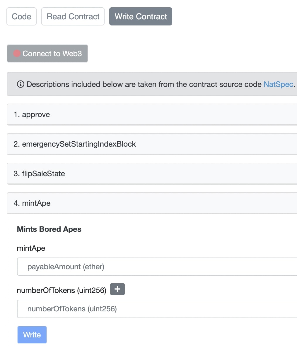 Minting from the smart contract on Etherscan