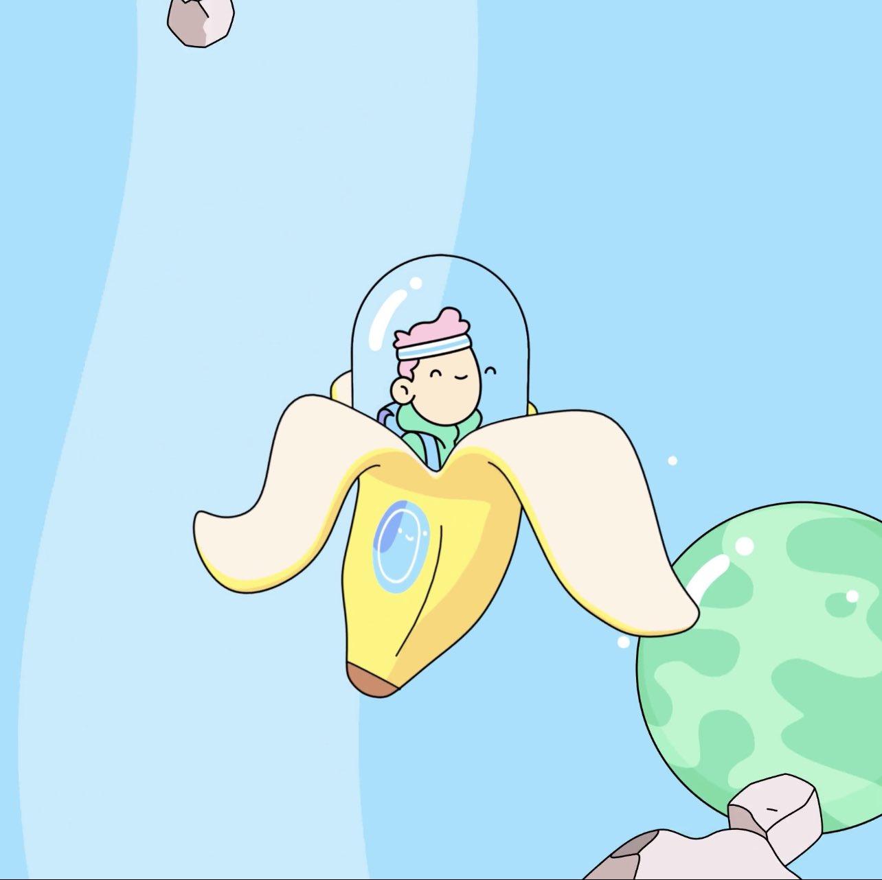 cartoon character flying through space in a banana aircraft Space Doodles drop