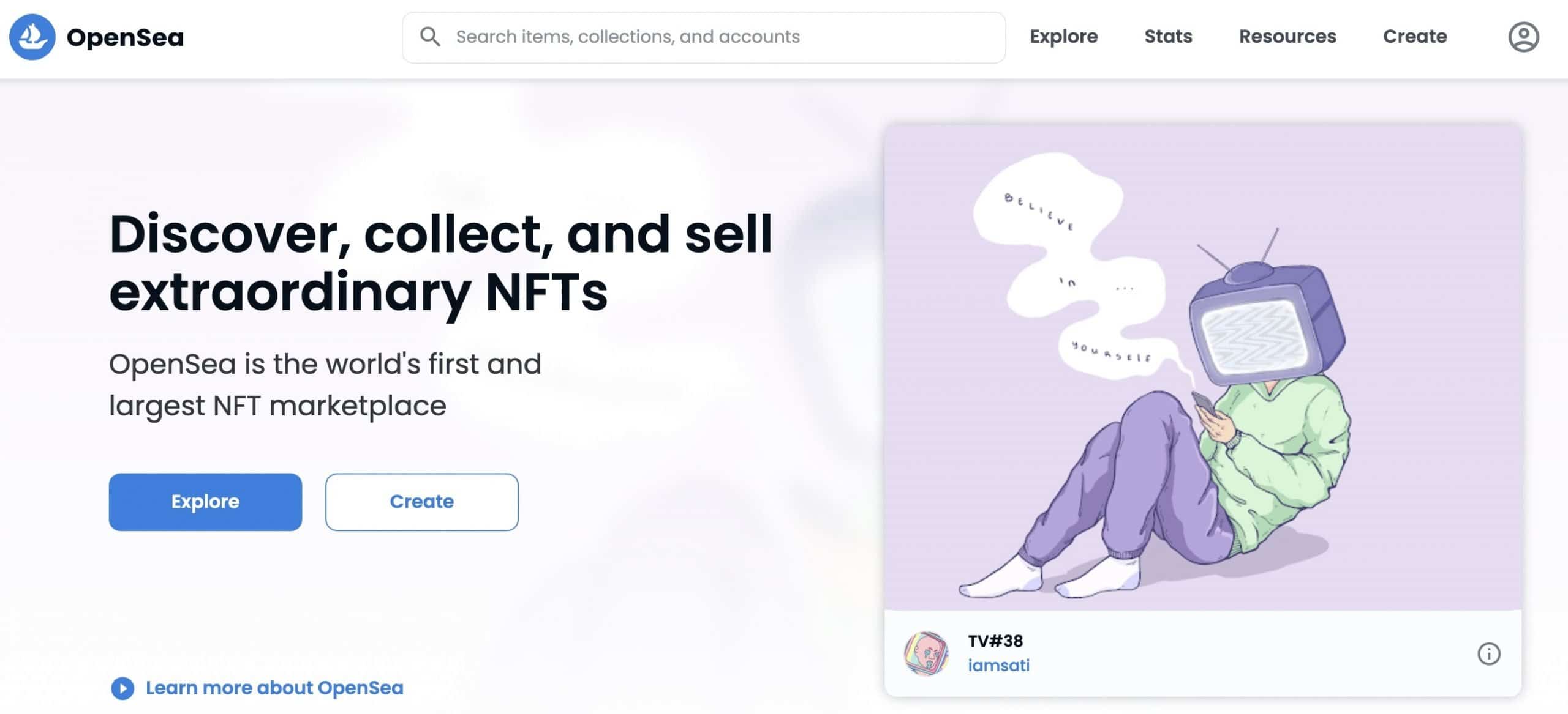 OpenSea marketplace's homepage showing an NFT artwork
