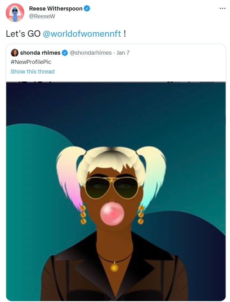 Tweet from Reese Witherspoon about WoW NFT collection