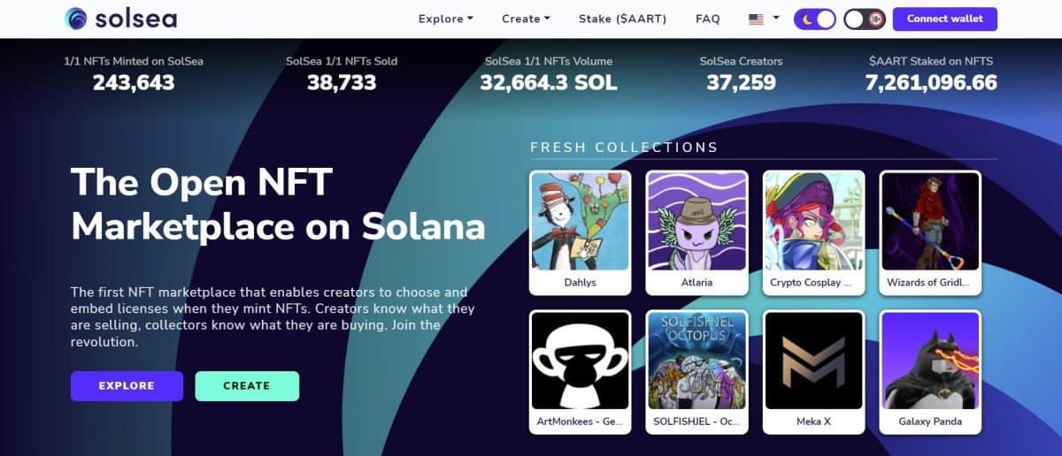 screenshot of Solsea NFT marketplace website