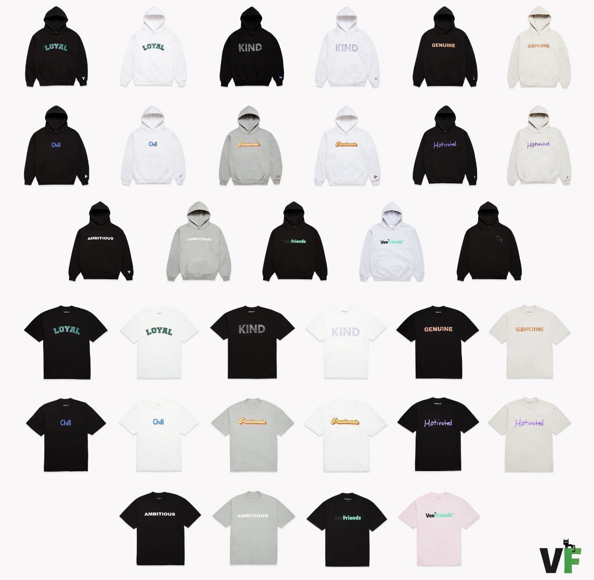 VeeFriends seatshirts in multiple colors