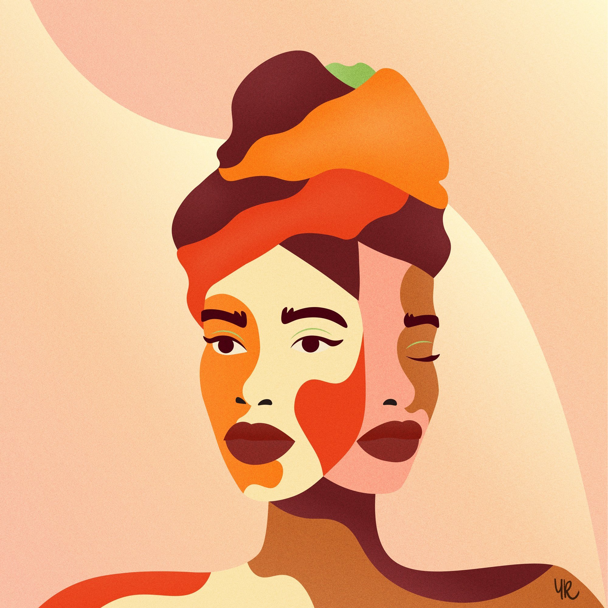 An artwork by Yam Karkai of two female faces
