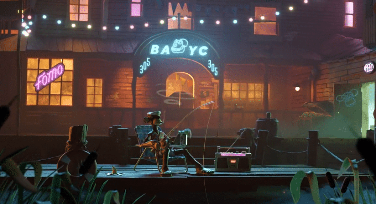 The picture shows a scene from Yuga Labs Otherside Twiitter post featuring Bored Ape Yacht Club