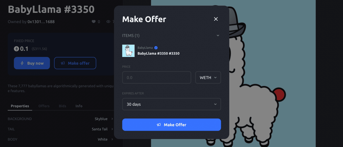 an image showing how to make an offer for NFTs on X2Y2