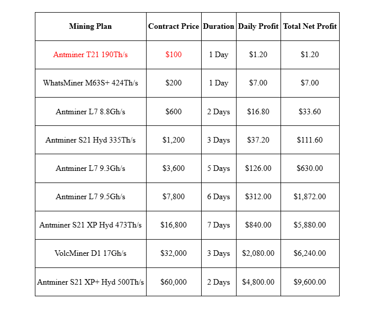 FioBit Cryptocurrency Investment Plan Table:
