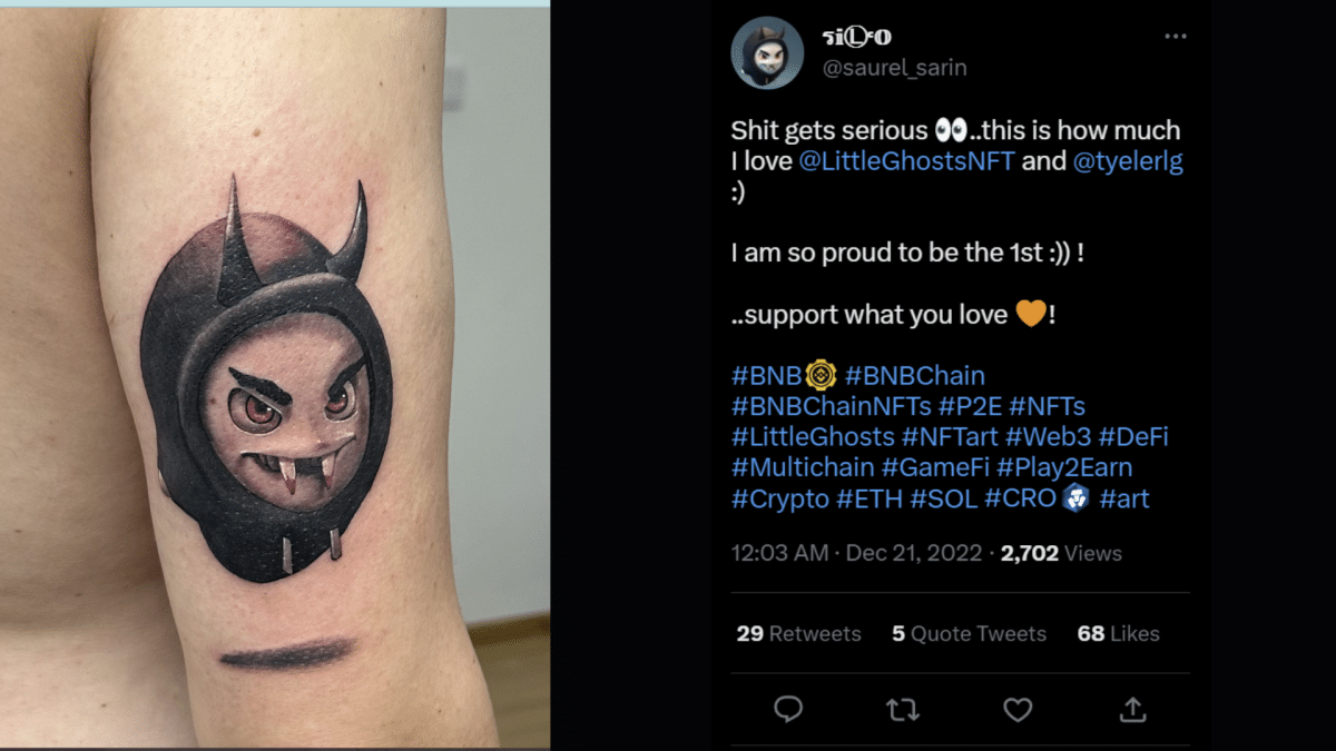 A tattoo of the Little Ghosts NFT on owner Saurell