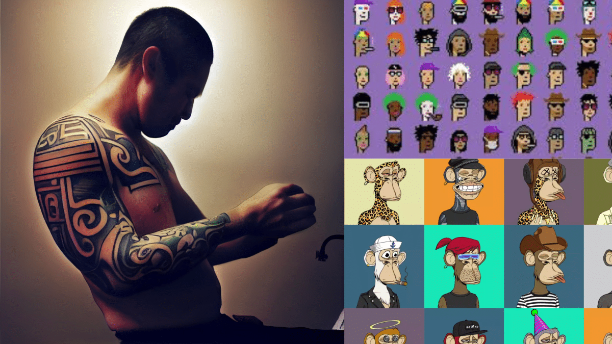 pictures of different NFTs and a man with a sleeve tattoo